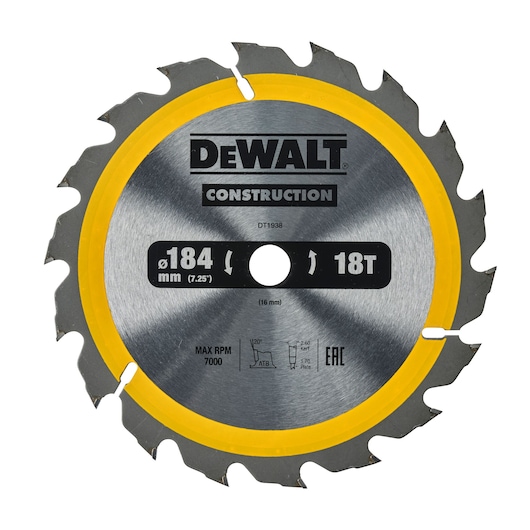 DEWALT Construction circular saw blade, model DT1938, with 18 tungsten carbide teeth, 184 mm (7.25 inch) diameter, and yellow edge. Markings include product specifications and maximum RPM 7000.