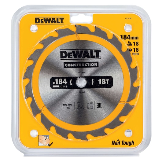 DEWALT DT1938 circular saw blade for construction packaged in a plastic case. The blade has 18 teeth, a diameter of 184mm, and is designed for cutting wood, including wood with nails. The packaging is yellow with DEWALT branding and specifications clearly visible.