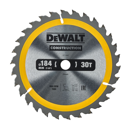 DEWALT Construction circular saw blade, model DT1940, featuring 30 teeth and a diameter of 184 mm (7.25 inches). The blade is silver with a yellow ring near the edge and is suitable for woodworking applications.
