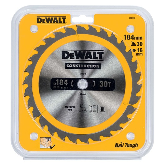 DEWALT DT1940 circular saw blade for construction, 184mm diameter, 30 teeth, 16mm arbor, packaged in clear plastic with yellow background. Suitable for cutting wood with nails, labeled 'Nail Tough'.
