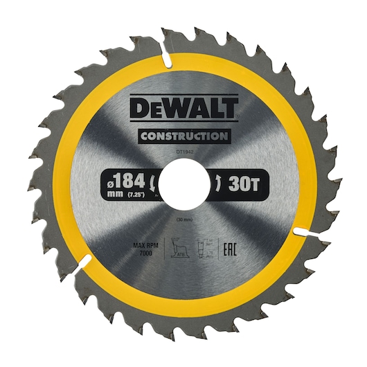 Circular saw blade from DEWALT Construction, model DT1942, with a diameter of 184 mm (7.25 inches), 30 teeth, and a yellow perimeter.