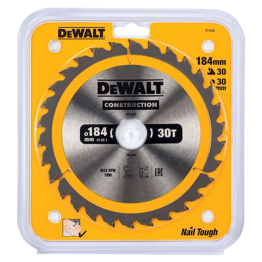DEWALT circular saw blade model DT1942 in its original yellow and clear plastic package. The blade is designed for construction, has 30 teeth, a diameter of 184 mm, and fits a 30 mm arbor. Packaging displays specs including max RPM of 7000. Suitable for cutting wood with nails, as indicated by the illustration on the bottom left.