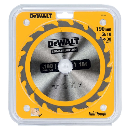 DEWALT DT1943 circular saw blade for construction, packaged in a clear plastic case. The blade is labeled with specifications: 190mm diameter, 18 teeth, 30mm bore, and maximum RPM 7000. The packaging is yellow and silver, with DEWALT branding and indications that the blade is 'Nail Tough'.