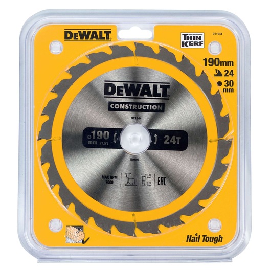 Packaged DEWALT DT1944 construction circular saw blade with 190mm diameter and 24 teeth, suitable for wood and labeled as 'Nail Tough', displayed in its clear plastic and yellow package.