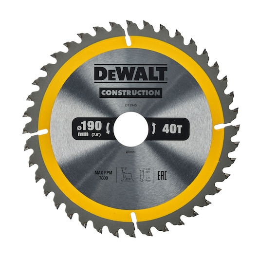 DEWALT DT1945 circular saw blade with 40 teeth, 190 mm diameter, and yellow accent ring. The blade is marked for construction use and shows specifications including max RPM 7000.