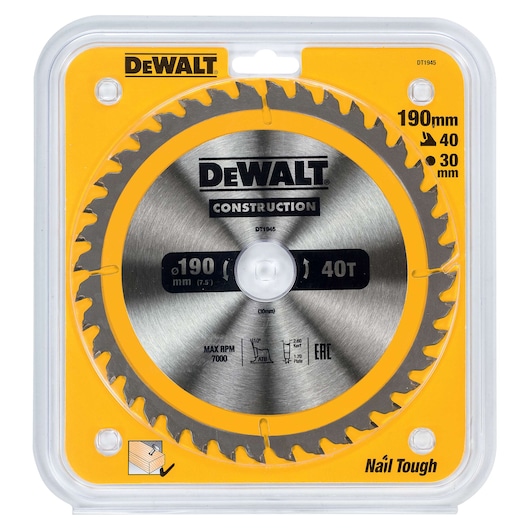 DEWALT DT1945 circular saw blade for construction, shown in yellow and silver packaging. The blade is 190mm in diameter and has 40 teeth, suitable for cutting through wood and tough materials, with a max RPM of 7000.