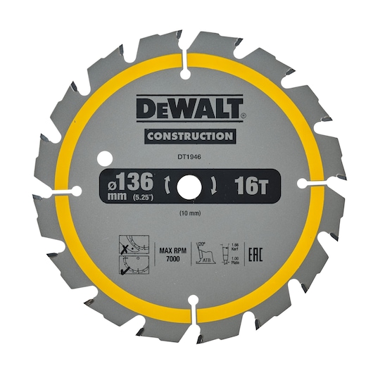 DEWALT DT1946 circular saw blade with 16 teeth, 136 mm diameter, and grey body with a yellow ring near the edge. Marked for construction use, showing specifications including 5.25-inch diameter, 10 mm arbor hole, maximum RPM of 7000, and technical diagrams.