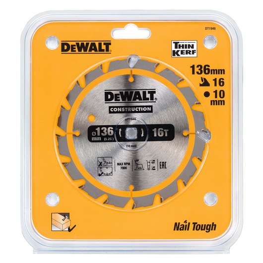 A DEWALT DT1946 circular saw blade for construction, presented in its packaging. The blade is 136mm in diameter with 16 teeth, a 10mm bore, and maximum RPM of 7000. The packaging is yellow with DEWALT branding and Thin Kerf label, and highlights 'Nail Tough' and usage for cutting wood.