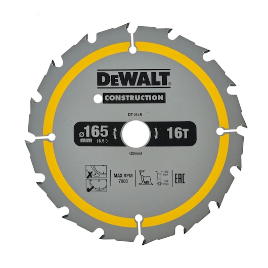 DEWALT DT1948 construction circular saw blade with a diameter of 165 mm, 16 teeth, and maximum RPM of 7000. The blade is gray with a yellow ring and features icons and product specifications printed on the surface.
