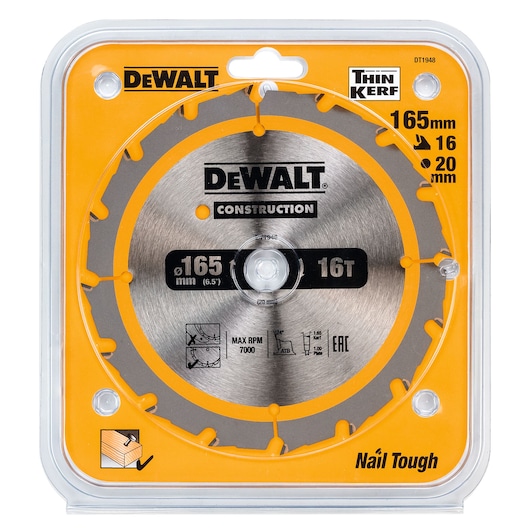 DEWALT DT1948 circular saw blade for construction, 165mm diameter, 16 teeth, thin kerf, packaged in a clear and yellow case with product specifications visible.