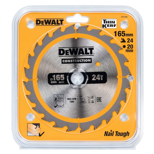 DEWALT 165mm circular saw blade, 24 teeth, in packaging. For construction and nail-tough wood cutting.
