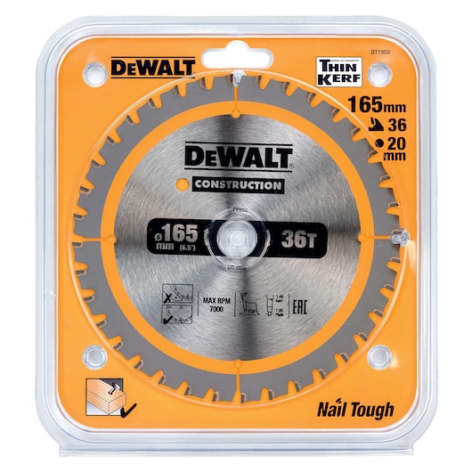 Packaged DEWALT Construction circular saw blade, model DT1950, with 165mm diameter, 36 teeth, and 20mm arbor hole. The blade is labeled 'Thin Kerf' and 'Nail Tough,' suitable for woodworking and construction, and has maximum RPM of 7000. The packaging is orange with clear plastic cover, and features product details and icons.