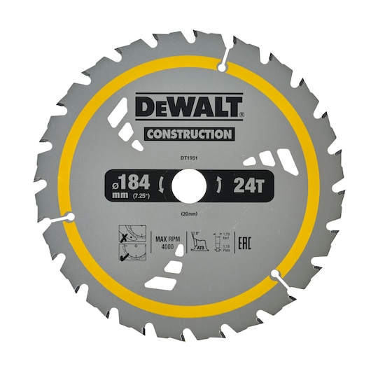 A DEWALT circular saw blade, model DT1951, with 24 teeth. The blade is silver with a yellow ring and various technical markings, including 184 mm (7.25 inch) diameter, max RPM 4000, 20 mm arbor, and construction usage. The DEWALT logo and the word 'CONSTRUCTION' are prominently displayed in black.