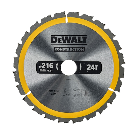 DEWALT DT1952 circular saw blade for construction, 216 mm diameter, 24 teeth, with yellow border and central hole, suitable for woodworking with a maximum RPM of 6500.