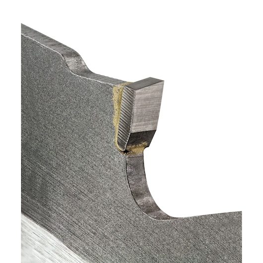 Close-up view of a metallic saw blade showing the sharp cutting tooth and its welded connection to the blade body.
