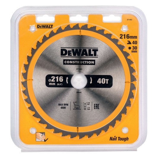 Packaged DEWALT construction circular saw blade, model DT1953, 216mm diameter with 40 teeth for cutting wood. The blade is silver with yellow packaging and includes specifications for size, teeth count, and compatibility.