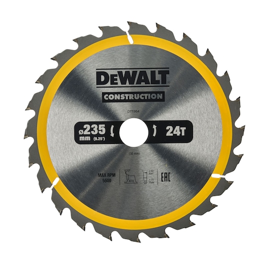A DEWALT branded circular saw blade, model DT1954, designed for construction use. The blade has a diameter of 235 mm (9.25 inches), features 24 teeth, and is silver with a yellow rim. Specifications and safety information are printed on the blade.
