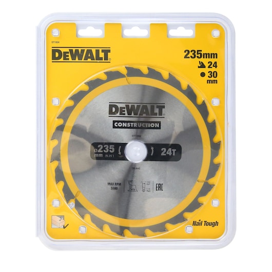 DEWALT DT1954 circular saw blade in retail packaging, showing a 235mm diameter, 24 teeth, and 30mm bore size. Packaging is yellow with DEWALT branding and technical specifications visible.