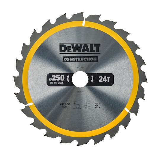 Circular saw blade for construction by DEWALT, model DT1956, diameter 250 mm, 24 teeth, with a yellow rim and technical specifications printed on the blade.