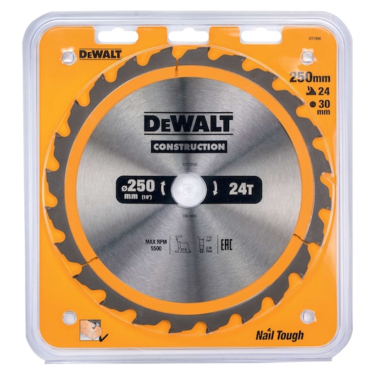 DEWALT DT1956 circular saw blade for construction, 250mm diameter with 24 teeth, displayed in retail packaging. The blade is silver with orange accents and the packaging highlights specifications such as 30mm bore size and Nail Tough feature.