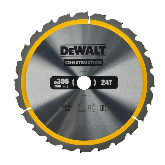 DEWALT DT1958 circular saw blade with 24 teeth and a diameter of 305 mm, designed for construction use. The blade features a metallic finish with a yellow accent around the edge and is labeled with specifications including maximum RPM and other technical details.
