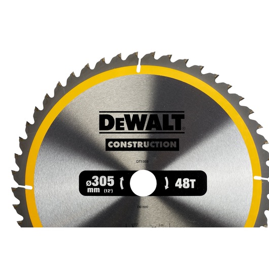 Close-up image of a DEWALT DT1959 construction circular saw blade with a diameter of 305 mm (12 inches) and 48 teeth. The blade features a silver metallic finish with a yellow rim.