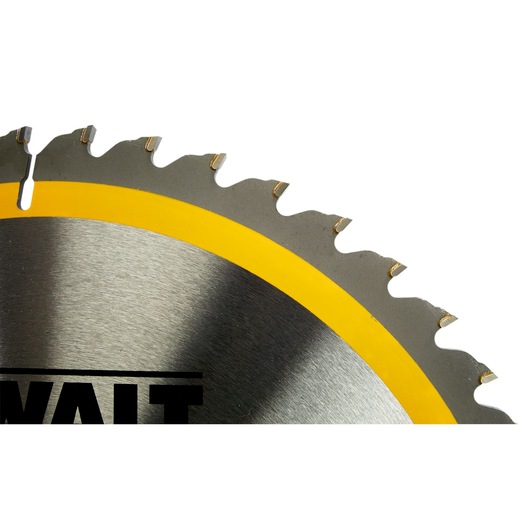 Close-up of a DEWALT circular saw blade, showing the metallic teeth and a yellow ring near the edge.
