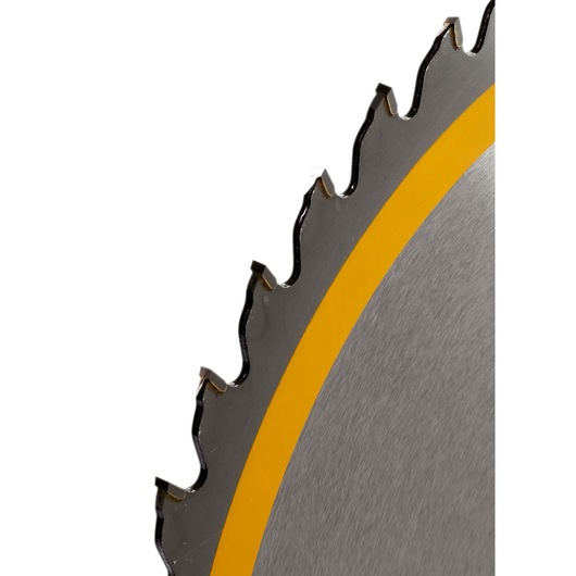 Close-up view of a circular saw blade with sharp, serrated teeth and a yellow band around the metal edge.