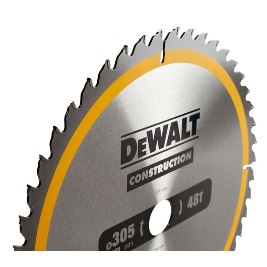 Close-up image of a DEWALT DT1959 construction circular saw blade with sharp teeth and a yellow stripe along the edge.