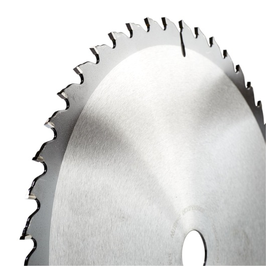 Close-up view of a circular saw blade with sharp metal teeth, designed for cutting wood or other materials.