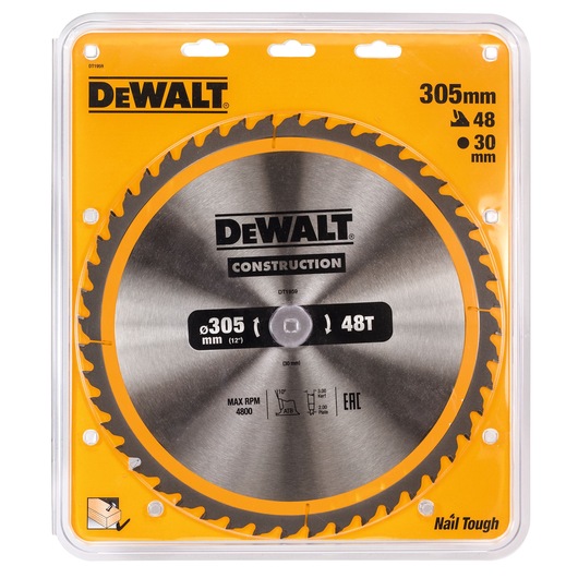 A DEWALT DT1959 circular saw blade for construction, packaged in clear plastic with yellow backing. The blade has 305 mm diameter and 48 teeth, designed for tough cutting with max RPM of 4800.