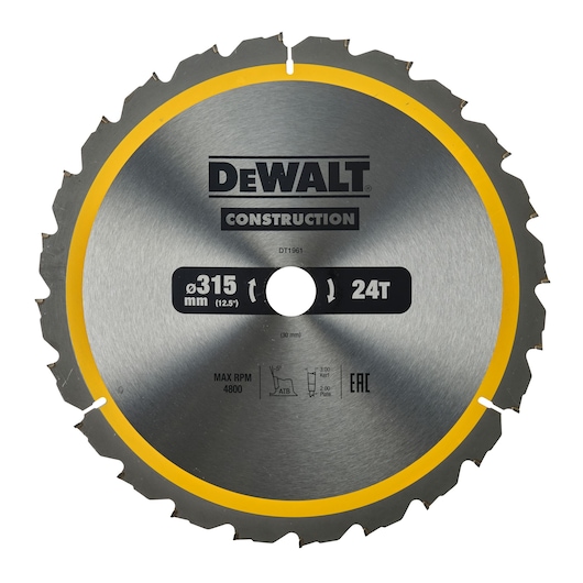 DEWALT DT1961 circular saw blade for construction, featuring a diameter of 315 mm (12.5 inches) and 24 teeth, suitable for woodworking or construction tasks.