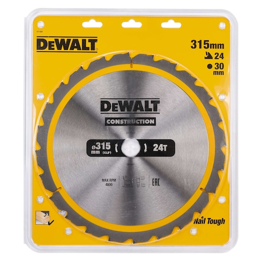 DEWALT DT1961 circular saw blade in packaging. The blade is silver with sharp teeth, labelled for construction use. The packaging is yellow and transparent, showing specifications: 315 mm diameter, 24 teeth, and 30 mm bore size. It is described as 'Nail Tough'.