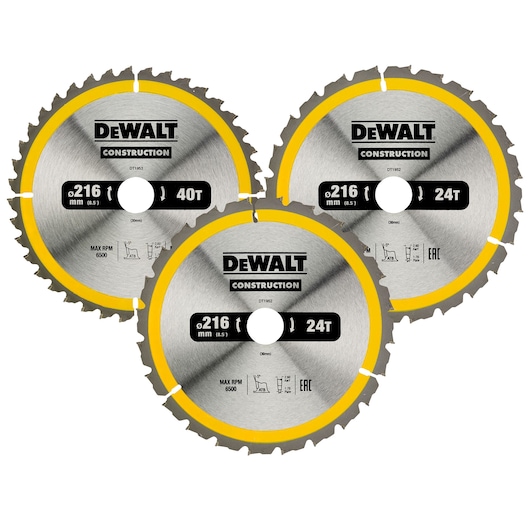 Three DEWALT construction circular saw blades are shown, each measuring 216 mm in diameter with different tooth counts. The blades have a silver finish with a yellow edge and display specifications like 24 and 40 teeth, maximum RPM of 6500, and safety icons.