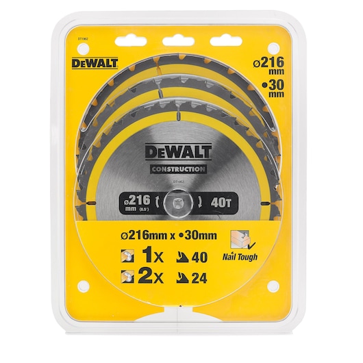 Pack of three DEWALT circular saw blades with yellow and black packaging. The blades are for construction use, with a diameter of 216mm and bore size of 30mm. The pack contains one blade with 40 teeth and two blades with 24 teeth.
