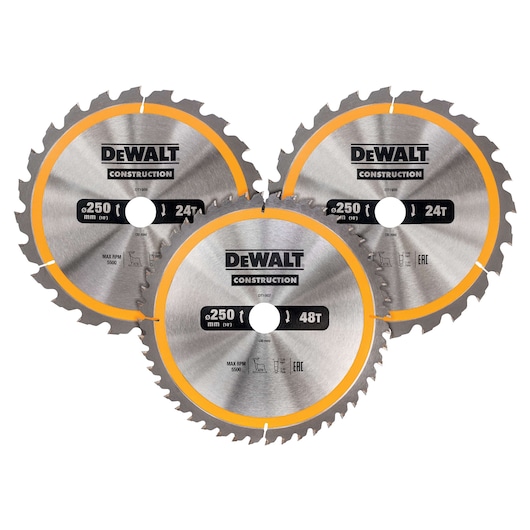 Three circular saw blades from DEWALT Construction, each with a diameter of 250 mm. Two blades are labeled 24 teeth and one blade is labeled 48 teeth. The blades are silver with yellow accents around the edge.
