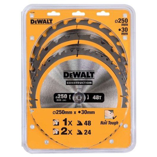 Packaged DEWALT set containing three circular saw blades, each with a 250 mm diameter and 30 mm bore, designed for construction purposes. The packaging is yellow and displays blade specifications, including one 48-tooth blade and two 24-tooth blades, labeled 'Nail Tough.'
