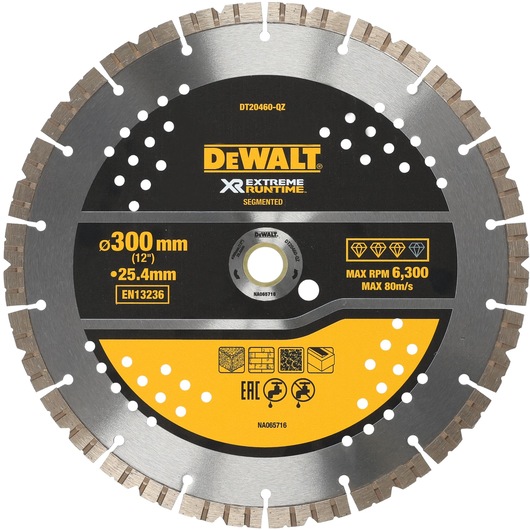 A DEWALT segmented diamond saw blade, model DT20460, designed for extreme runtime and suitable for cutting construction materials. The blade is 300 mm (12 inches) in diameter with a 25.4 mm arbor hole, maximum RPM of 6,300, and complies with EN13236 safety standards. The blade features segmented edges and information icons for material compatibility.