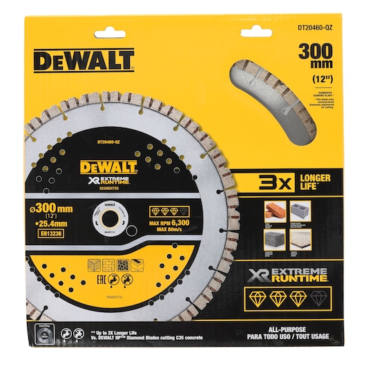 Packaging for a DEWALT DT20460 300mm (12 inch) segmented diamond blade for cutting masonry, bricks, blocks, and stone. The blade is labeled XR Extreme Runtime and offers up to three times longer life. The package is yellow and black with information about blade specifications and icons indicating suitable materials and features.