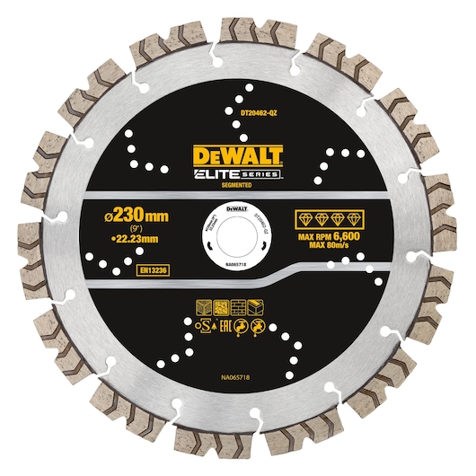DEWALT Elite Series segmented circular saw blade, model DT20462, with a diameter of 230 mm and a 22.23 mm arbor hole. The black and silver blade displays technical specifications including a maximum speed of 6,600 RPM and 80 meters per second, and is suitable for cutting masonry materials.