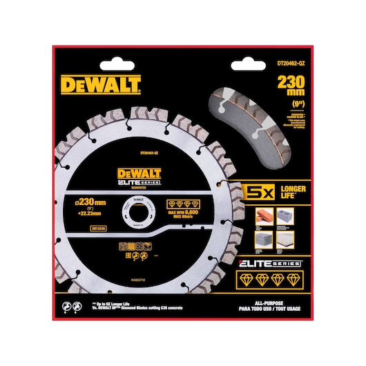 DEWALT segmented diamond blade, Elite Series, 230mm, shown in packaging; for multi-material cutting, 5x longer life.