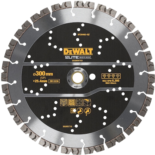 Circular segmented saw blade from the DEWALT Elite Series, model DT20463, 300mm diameter with 25.4mm arbor, designed for cutting, with black and silver color, various markings and symbols indicating specifications and usage.