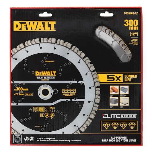 Packaging of DEWALT Elite Series segmented diamond blade, model DT20463, for all-purpose cutting. The blade measures 300 mm (12 inches) in diameter and 25.4 mm in thickness. The packaging highlights a 5x longer life and suitability for cutting materials such as bricks, concrete, and construction blocks.
