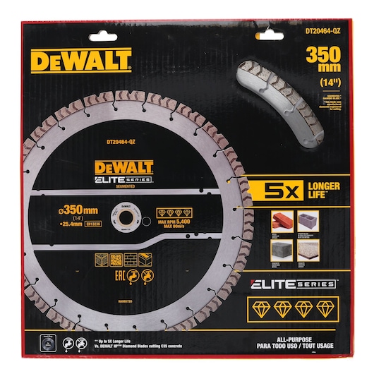 DEWALT Elite Series segmented saw blade, model DT20464, for all-purpose use. The packaging displays a 350 mm (14 inch) diamond blade, highlights its 5x longer life, and shows it suitable for cutting brick, block, and concrete materials.