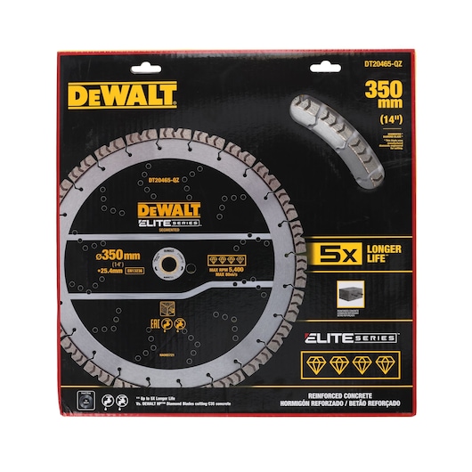Front view of a packaged DEWALT Elite Series segmented diamond saw blade, model DT20465, with a 350 mm (14 inch) diameter, designed for cutting reinforced concrete. The packaging highlights 5x longer life and features key specifications such as maximum 5400 RPM, 25.4 mm arbor size, and reinforced segment design.