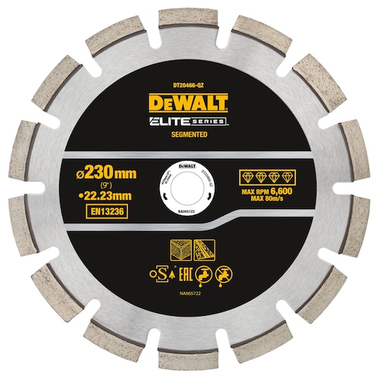 A DEWALT Elite Series segmented circular saw blade, model DT20466-QZ, with a diameter of 230 mm and a bore size of 22.23 mm. The blade is black with silver segments and features various specifications and safety icons printed on the front.