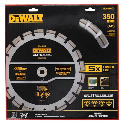 Packaging of a DEWALT Elite Series segmented diamond saw blade, model DT20467, 350 mm (14 inches) diameter, designed for asphalt cutting. The package highlights features including up to 5x longer life, maximum 5400 RPM, suitability for asphalt and reinforced concrete, and EMEAANZ region labeling.