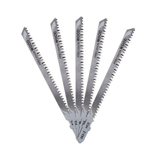 Five DEWALT jigsaw blades for wood arranged in a fan shape, labeled precision wood and HCS 143-2.