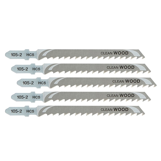Set of five DEWALT HCS jigsaw blades labeled 'Clean Wood', suitable for wood cutting.