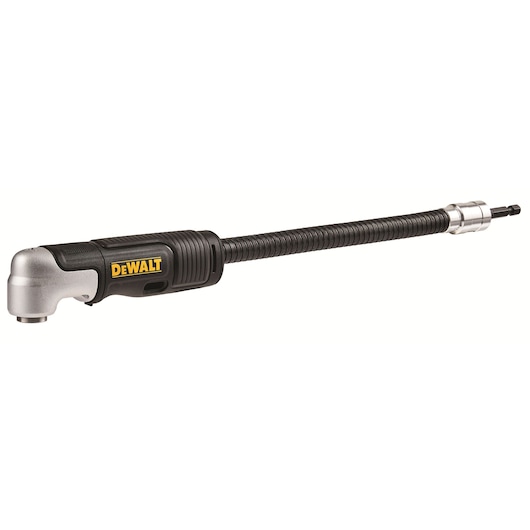 A DEWALT right angle flexible shaft attachment for drill drivers, shown with a black and silver design, featuring a long flexible shaft and right-angle head.
